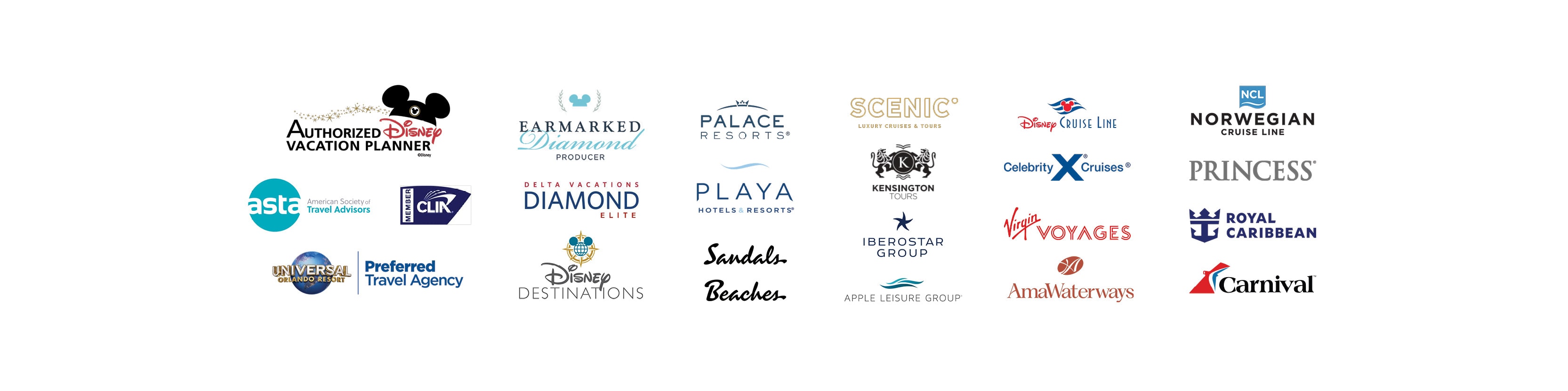 Supplier and partner affiliations including Disney, Royal Caribbean, Celebrity Cruises, Norwegian, Princess, Virgin Voyages, AmaWaterways, Sandals, Beaches, Carnival, Palace Resorts, Playa Hotels, Scenic, Kensington Tours, Iberostar, Apple Leisure Group, Delta Vacations, Universal Orlando, ASTA and CLIA